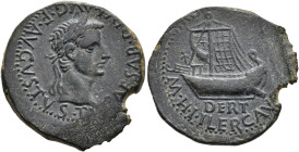 HISPANIA ANTIGUA. Dertosa. As. Tiberio. A/ Cabeza laureada a der.; TI CAESAR DIVI AVG F AVGVSTVS. R/ Barco a der.; DERT/M H ILERCAV(ONI). AE 7,85g. 25...