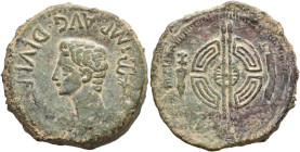 HISPANIA ANTIGUA. Emisiones del Noroeste. Dupondio. Augusto. A/ Cabeza a izq., delante palma, detrás caduceo; IMP AVG DIVI F. R/ Rodela con dos lanzas...