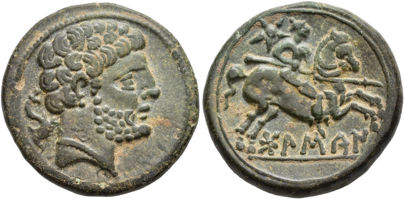 HISPANIA ANTIGUA. Bolskan. As. A/ Cabeza masculina con collar a der., detrás del...