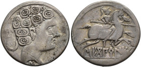 HISPANIA ANTIGUA. Sekobirikes. Denario. A/ Cabeza masculina a der., detrás creciente, debajo signo ibérico S. En el pelo signo ibérico M. R/ Jinete la...