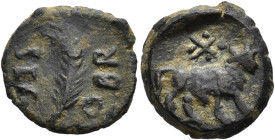 HISPANIA ANTIGUA. Segobriga. Cuadrante. Augusto. A/ Palma; SEG-OBR. R/ Toro a der., encima estrella con puntos. AE 2,72g. 14,5 mm. I-2183; ACIP-971. P...