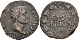 HISPANIA ANTIGUA. Segobriga. As. Tiberio. A/ Cabeza a der.; TI CAESAR DIVI AVG F AVGVST IMP VIII. R/ Corona cívica rodeando SEGO/BRIGA. AE 12,31g. 28,...
