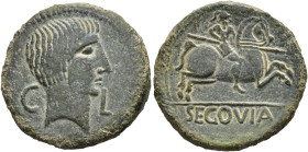 HISPANIA ANTIGUA. Segovia. As. S. I a.C. A/ Cabeza masculina (¿Augusto?) a der.; C-L. R/ Jinete lancero a der.; SEGOVIA. AE 8,8g. 25,1 mm. I-2193; APR...