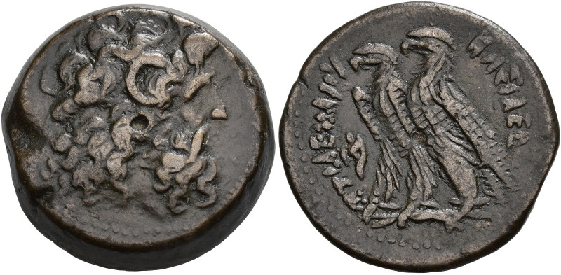 GRECIA ANTIGUA. EGIPTO. AE 30. Ptolomeo VI. A/ Cabeza de Zeus Amón a der. R/ Dos...