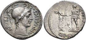 PERIODO DE JULIO CÉSAR A AUGUSTO. POMPEYO MAGNO. Denario. Hispania (46-45 a.C.). A/ Cabeza de Roma a der.; M POBLICI LEG PRO PR. R/ Figura femenina co...