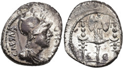 PERIODO DE JULIO CÉSAR A AUGUSTO. AUGUSTO. Denario. Ceca móvil (42 a. C.). A/ Busto de Marte a der.; CAESAR III VIR R P C. R/ Aquila entre dos signa; ...