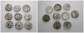 IMPERIO ROMANO. Lote de 9 denarios: Geta, Heliogábalo, Julia Domna, Julia Mamea, Alejandro Severo (3), Gordiano, Tito forrado. De BC+ a MBC+.