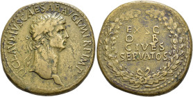 IMPERIO ROMANO. CLAUDIO I. Sestercio. Roma (41-50 d.C.). A/ Cabeza laureada a der.; TI CLAVDIVS CAESAR AVG P M TR P IMP. R/ Corona cívica rodeando AE ...