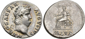 IMPERIO ROMANO. NERÓN. Denario. Roma (65-66 d.C.). A/ Cabeza laureada y a der.; NERO CAESAR AVGVSTVS. R/ Salus entronizada y con pátera a izq.; SALVS....
