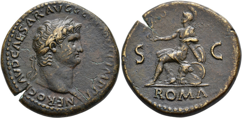 IMPERIO ROMANO. NERÓN. Sestercio. Roma (67-68 d.C.). A/ Cabeza laureada a der.; ...