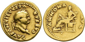 IMPERIO ROMANO. VESPASIANO. Áureo. Roma (77-78 d.C.). A/ Cabeza laureada a der.; CAESAR VESPASIANVS AVG. R/ Annona entronizada a izq. con saco de espi...