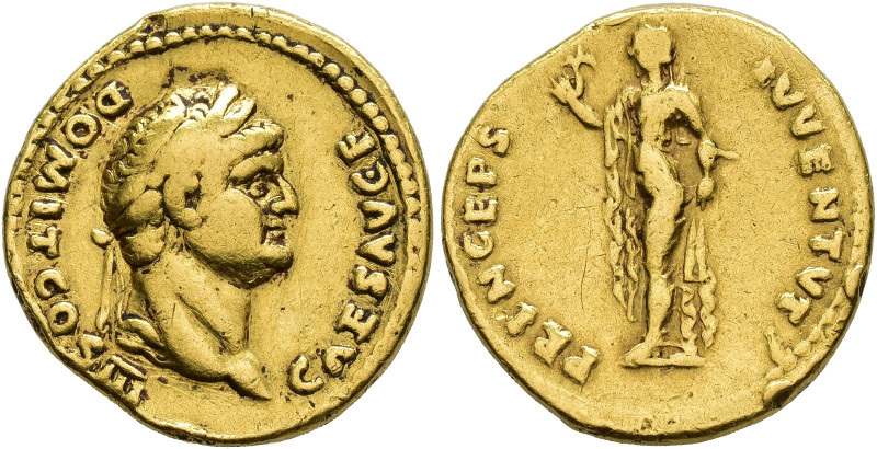 IMPERIO ROMANO. DOMICIANO (Bajo Vespasiano). Áureo. Roma (75 d.C.). A/ Cabeza la...