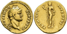 IMPERIO ROMANO. DOMICIANO (Bajo Vespasiano). Áureo. Roma (75 d.C.). A/ Cabeza laureada a der.; CAES AVG F DOMIT COS III. R/ Spes a izq. con flor y suj...