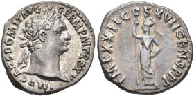 IMPERIO ROMANO. DOMICIANO (Bajo Vespasiano). Denario. Roma (95 d.C.). A/ Cabeza laureada a der.; IMP CAES DOMIT AVG GERM P M TR P XV. R/ Minerva a izq...