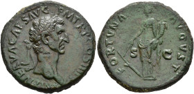 IMPERIO ROMANO. NERVA. Sestercio. Roma (97 d.C.). A/ Cabeza laureada a der.; IMP NERVA CAES AVG P M TR P COS III P P. R/ Fortuna a izq. con timón y co...