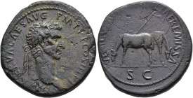 IMPERIO ROMANO. NERVA. Sestercio. Roma (97 d.C.). A/ Cabeza laureada a der.; IMP NERVA CAES AVG P M TR P COS III P P. R/ Dos mulas pasando; VEHICV(LAT...