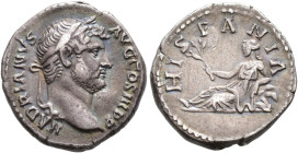 IMPERIO ROMANO. ADRIANO. Denario. Roma (130-133). A/ Cabeza laureada a der.; HADRIANVS AVG COS III P P. R/ Hispania reclinada sobre rocas a izq. con r...
