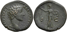 IMPERIO ROMANO. MARCO AURELIO. Sestercio. Roma (145). A/ Cabeza a der.; AVRELIVS CAESAR AVG PIVS P F COS II. R/ Minerva a der. con escudo y blandiendo...