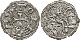 REINOS DE CASTILLA Y LEÓN. FERNANDO II o ALFONSO VIII. Dinero. Toledo. A/ Sin marcas. R/ TOLETAS tres puntos. VE 0,75 g. 17,6 mm. III-163; BMM-273; MM...