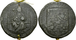 JUANA I. Sello pendiente de plomo con su cordón. PB-437,5 g. Guglieri-634. FN pp. 155.159. MBC-/BC+.