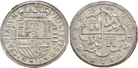 FELIPE II. 8 reales. 1588. Segovia. Acueducto de 5 y 6 arcos en 2 pisos. AR 27,19 g. 41 mm. AC-692. Pequeños defectos de cospel en canto y rayita en a...