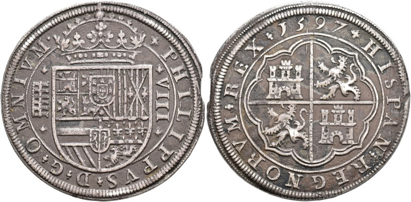 FELIPE II. 8 reales. 1597. Segovia. AR 26,3 g. 40,8 mm. AC-718. Leve final de pl...