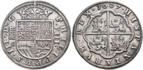 FELIPE III. 8 reales. 1607. Segovia. AR 26,34 g. 40,4 mm. AC-939. Finas rayitas. EBC-. Rara.