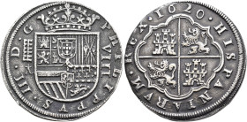 FELIPE III. 8 reales. 1620. Segovia. A superada de cruz. AR 25,82 g. 39,2 mm. AC-950 var. (la V de HISPANIARVM es una A invertida). MBC/MBC+. Muy esca...