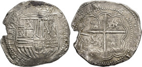 FELIPE IV. 8 reales. Potosí. Sin datos visibles. Valor VIII. AR 26,6 g. 42 mm. AC-tipo 327. Leves oxidaciones. Cospel abierto. MBC+/MBC.