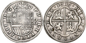 FELIPE IV. 8 reales. 1636. Segovia. R. AR 27,19 g. 40 mm. AC-1610. Leve plata agria. MBC.