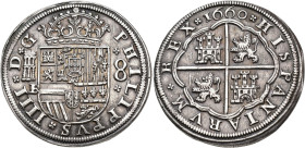 FELIPE IV. 8 reales. 1660. Segovia. BR. Acueducto de 2 arcos y 2 pisos. AR 25,85 g. 41,9 mm. AC-1625. EBC. Escasa en esta conservación.