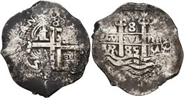 CARLOS II. 8 reales. 1685. Potosí. VR. 2 fechas. AR 26,33 g. 38,4 mm. AC-726. Finas rayas y oxidaciones. MBC-.