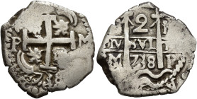 FELIPE V. 2 reales. 1738. Potosí. M. Dos fechas. AR 6,21 g. 23 mm. VI-743. Vanos. MBC.