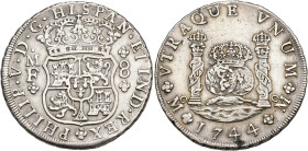 FELIPE V. 8 reales. 1744. México. MF. AR 26,7 g. 38,8 mm. VI-1152. Punto de óxido en rev. MBC+/MBC.