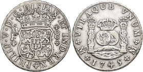 FELIPE V. 8 reales. 1745. México. MF. AR 26,48 g. 39 mm. VI-1153. MBC.