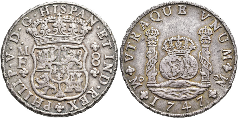 FELIPE V. 8 reales. 1747. México. MF. AR 26,94 g. 38,6 mm. VI-1156. MBC.