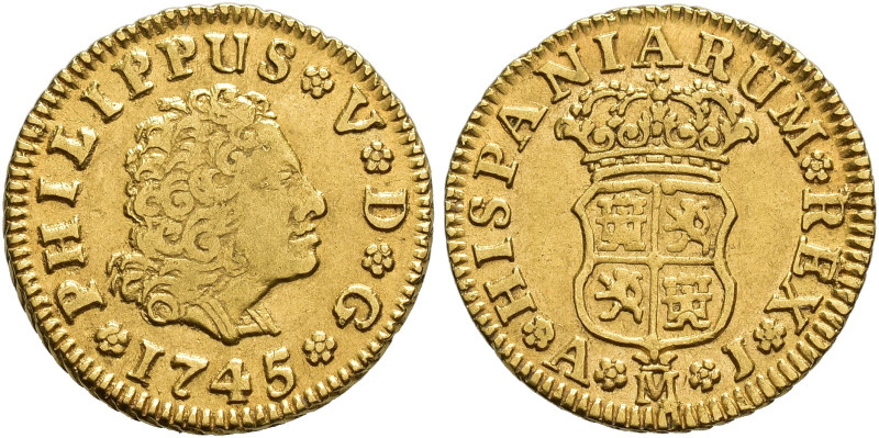 FELIPE V. 1/2 escudo. 1745. Madrid. AJ. AU 1,76 g. 14,6 mm. VI-1280. MBC/MBC+.