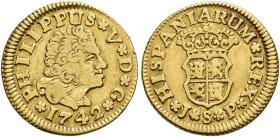 FELIPE V. 1/2 escudo. 1742. Sevilla. JP. AU 1,73 g. 14,8 mm. VI-1285. MBC. Rara.