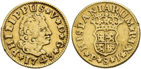 FELIPE V. 1/2 escudo. 1743. Sevilla. PJ. AU 1,74 g. 14,3 mm. VI-1287. MBC.