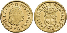FELIPE V. 1/2 escudo. 1744. Sevilla. PJ. AU 1,79 g. 15,4 mm. VI-1288. Dos golpecitos en anv. MBC+/EBC-.