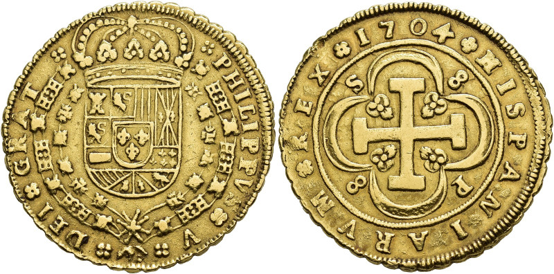 FELIPE V. 8 escudos. 1704. Sevilla. P. AU 26,86 g. 35,4 mm. VI-1760. Golpecito e...