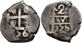 FERNANDO VI. 2 reales. 1756. Potosí. (q). Dos fechas. AR 5,89 g. 20,4 mm. VI-252. MBC-.