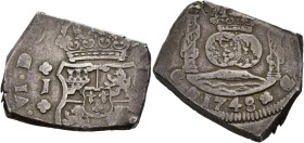 FERNANDO VI. 8 reales. 1748. Guatemala. J. Todos los datos visibles. AR 26,77 g. 33,4 mm. VI-322. MBC. Muy escasa.

Ex colección Haberthuer, ex cole...