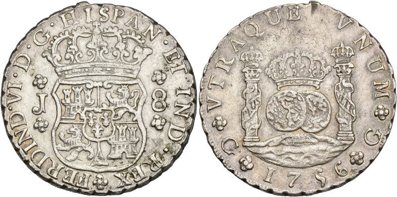 FERNANDO VI. 8 reales. 1756. Guatemala. J. AR 26,93 g. 39,3 mm. VI-332. Pequeñas...