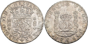 FERNANDO VI. 8 reales. 1756. México. MM. AR 26,84 g. 39,4 mm. VI-367. Rayitas de ajuste en anv. EBC-/MBC+.