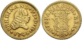 FERNANDO VI. 1/2 escudo. 1748. Madrid. JB. AU 1,94 g. 15 mm. VI-405. MBC+.