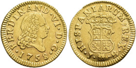 FERNANDO VI. 1/2 escudo. 1758. Madrid. JB. AU 1,78 g. 15,3 mm. VI-417. Finas rayitas en rev. MBC.