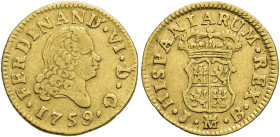 FERNANDO VI. 1/2 escudo. 1759. Madrid. JB. AU 1,75 g. 15 mm. VI-418. MBC-/MBC.