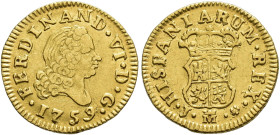 FERNANDO VI. 1/2 escudo. 1759. Madrid. J. AU 1,84 g. 15 mm. VI-419. Rayitas de ajuste en rev. MBC+.