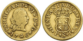 FERNANDO VI. 1/2 escudo. 1746. Sevilla. PJ. AU 1,74 g. 15 mm. VI-420. Finas rayas en rev. MBC-/MBC. Rara